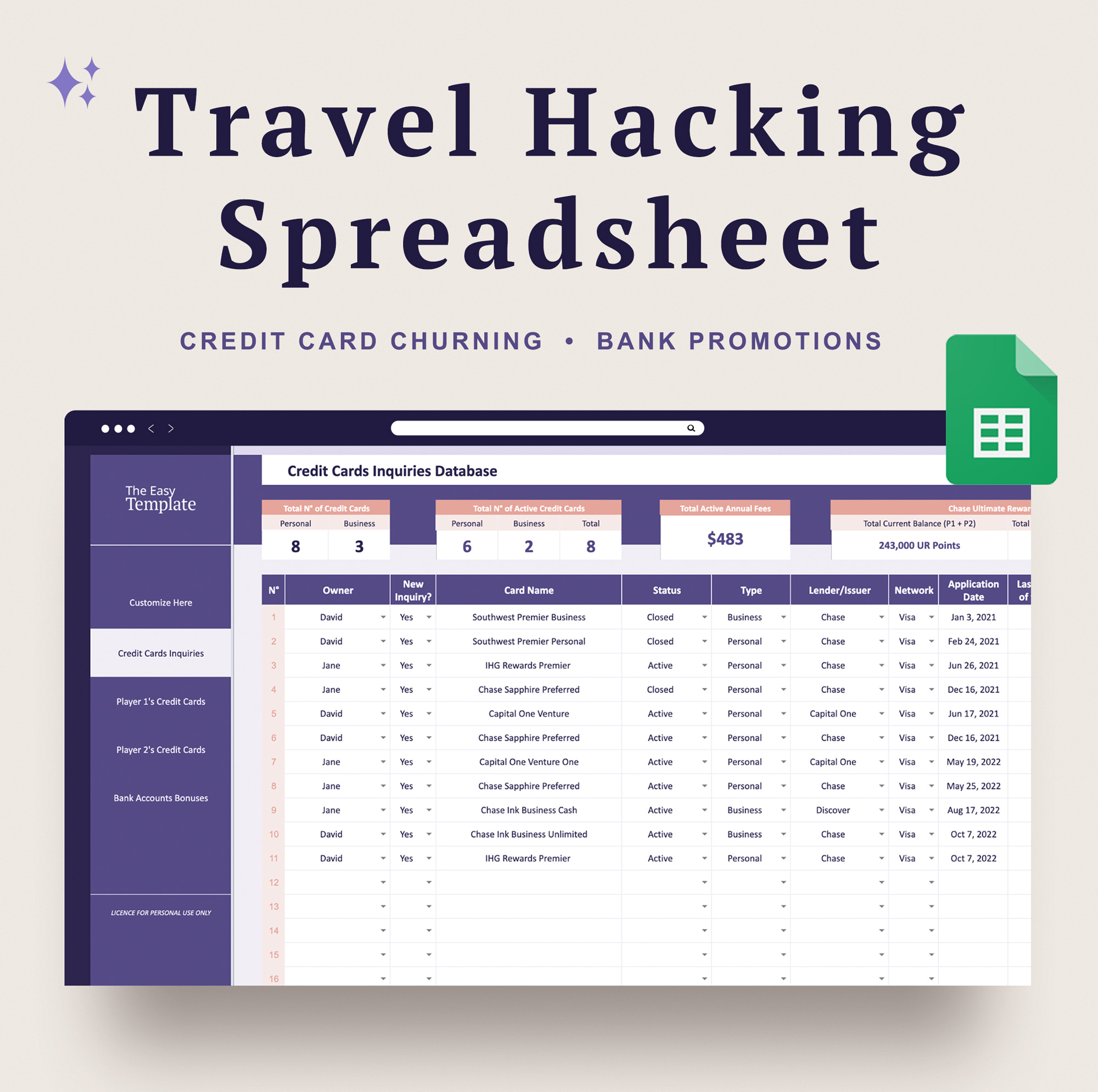 Credit Cards Points and Miles Spreadsheet Tracker for Travel Hacking