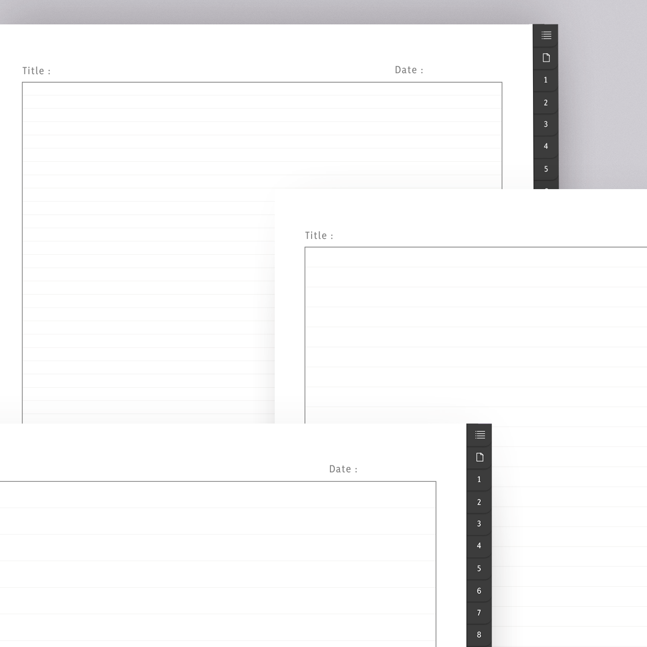 Achieve peak organization with our Digital Notebook, tailored for Type A personalities. It offers 31 hyperlinked tabs and 195 iPad note-taking paper templates. Make your note paper truly yours by selecting from three space lining sizes: narrow, medium, or large.