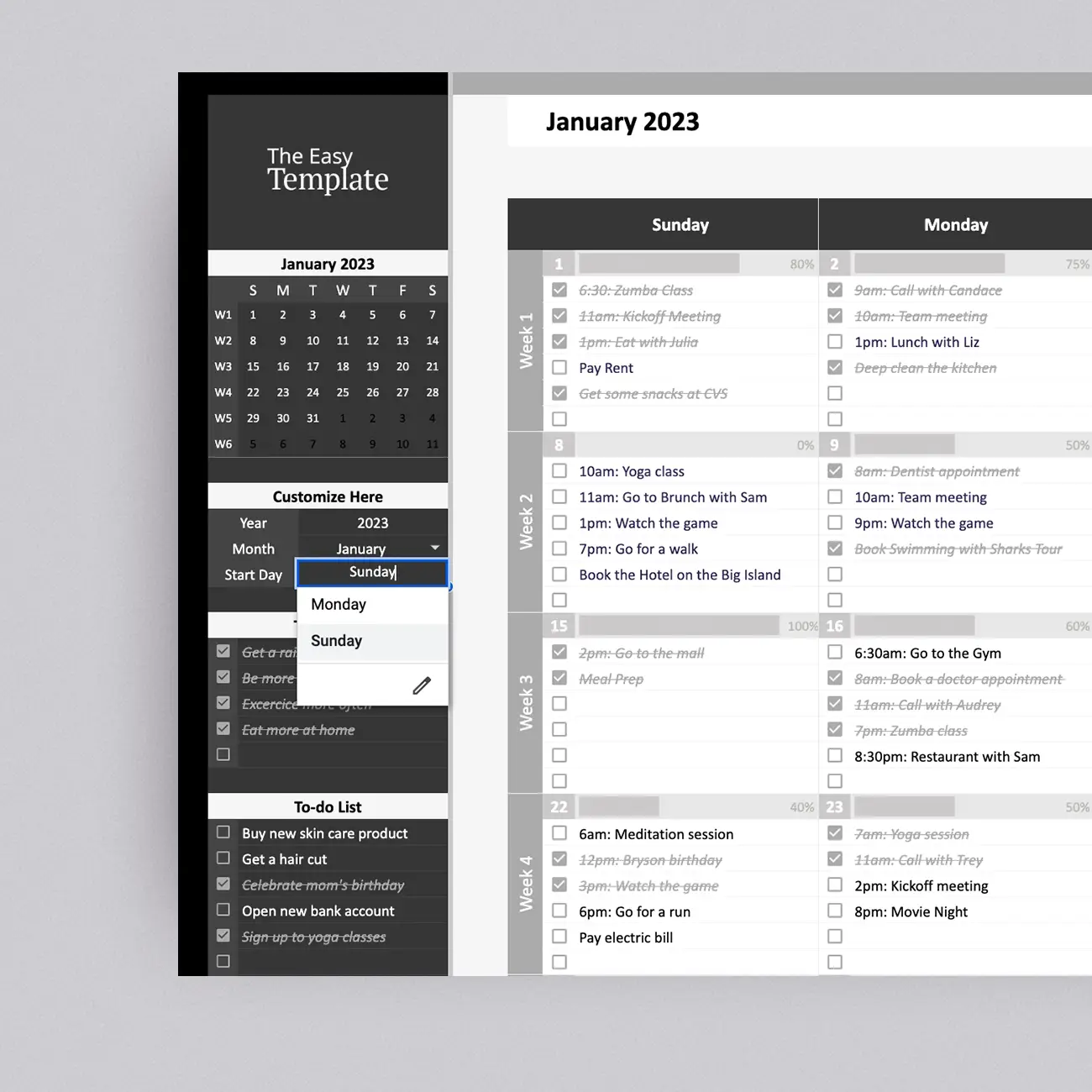 Planning with our calendar template is a breeze. You can set it up to begin on Monday or Sunday – because we get that your week is as unique as you are!