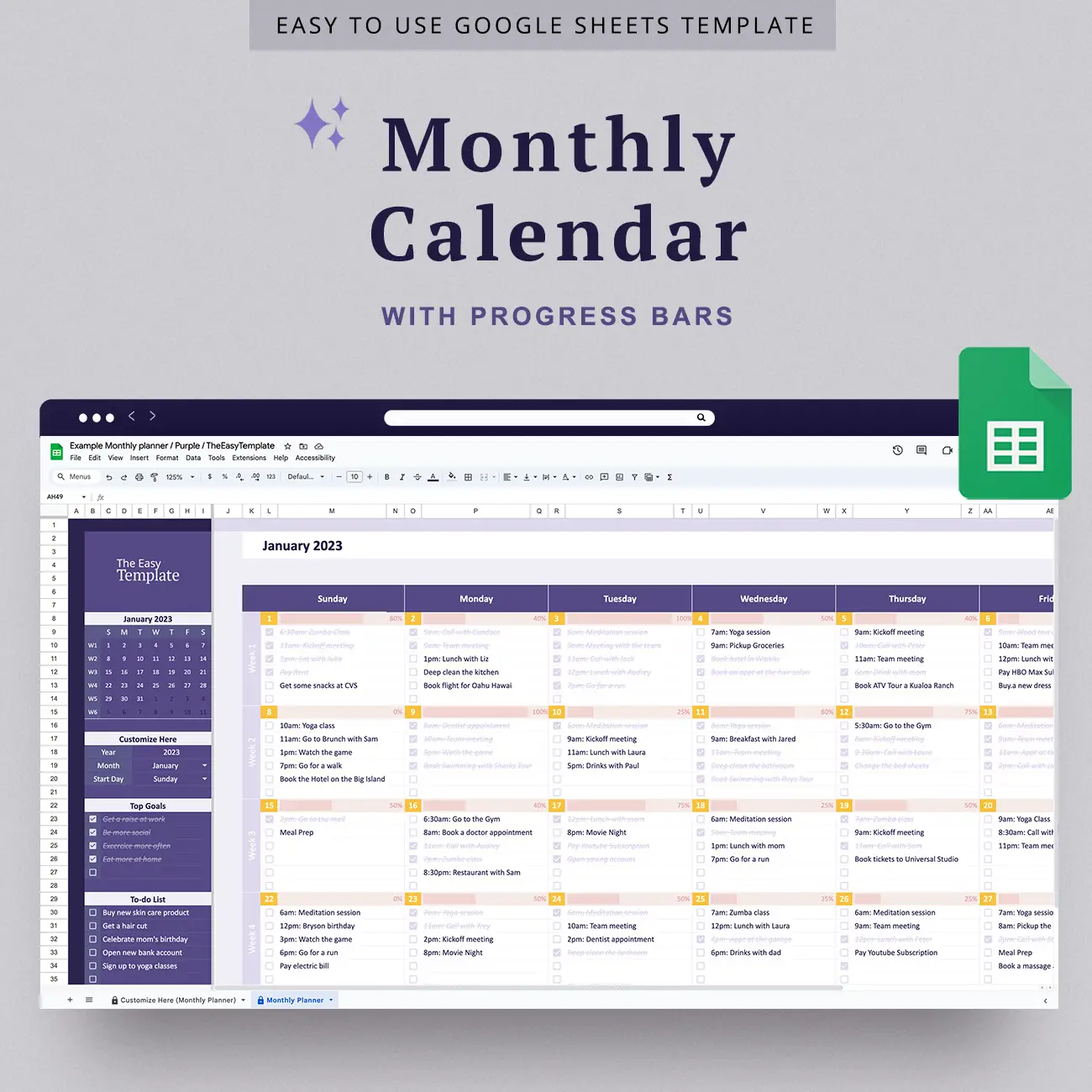 Dive into a world of organized aesthetics with our Google Sheets calendar template. It's not your typical calendar—it's visually pleasing and keeps you motivated. Track your daily achievements with the progress bar and stay on top of your game!