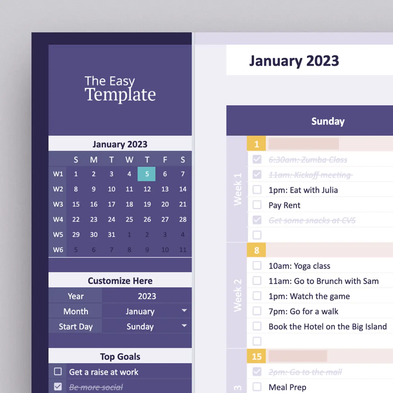 Our Google Sheets calendar template is all about helping you stay organized. It automatically highlights today's date, so you're always on top of your daily calendar game!