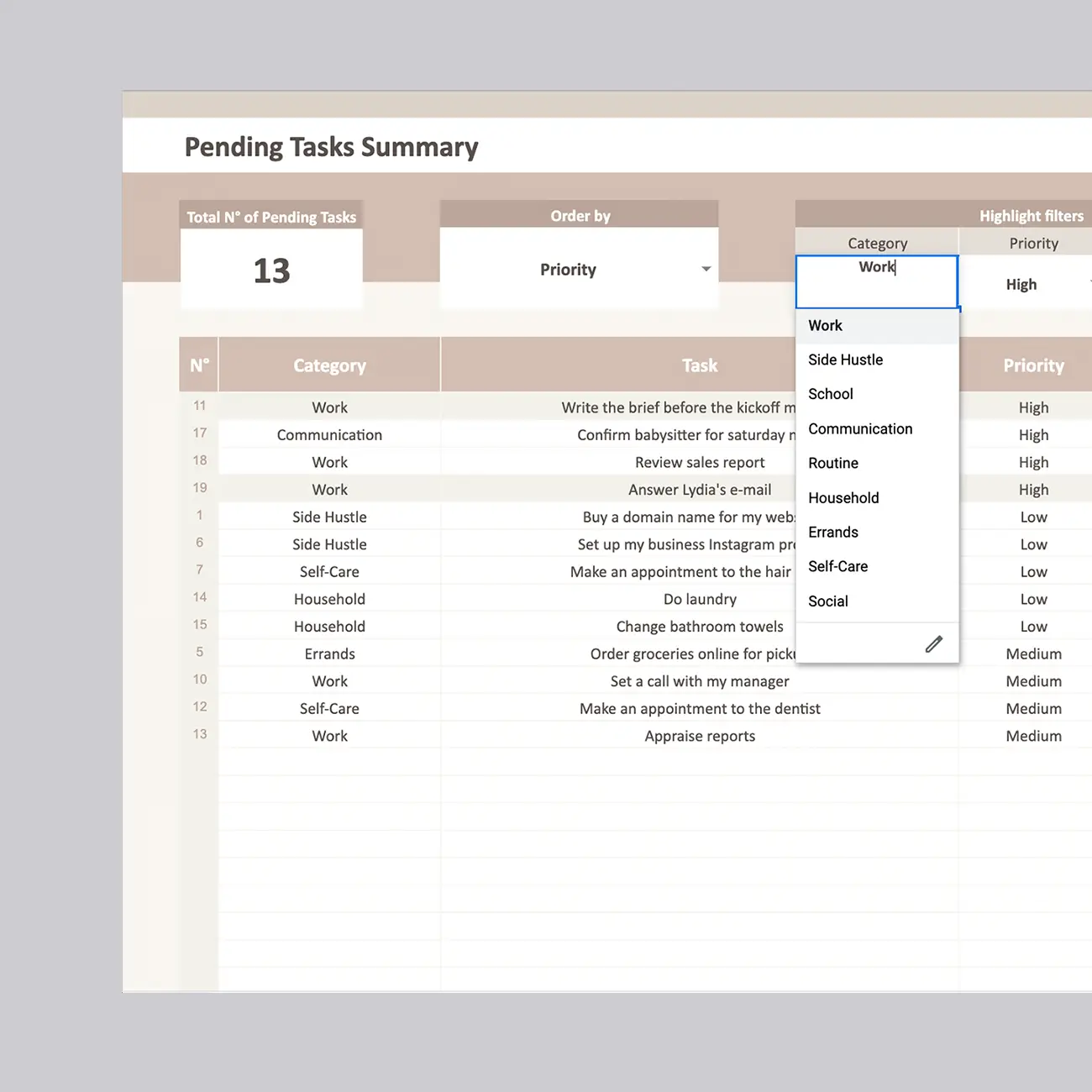 An image of a to-do list template with highlight filters. With hundreds of tasks, the highlight filters allow you to quickly cross-filter and find specific tasks, enhancing your productivity and task management efficiency.