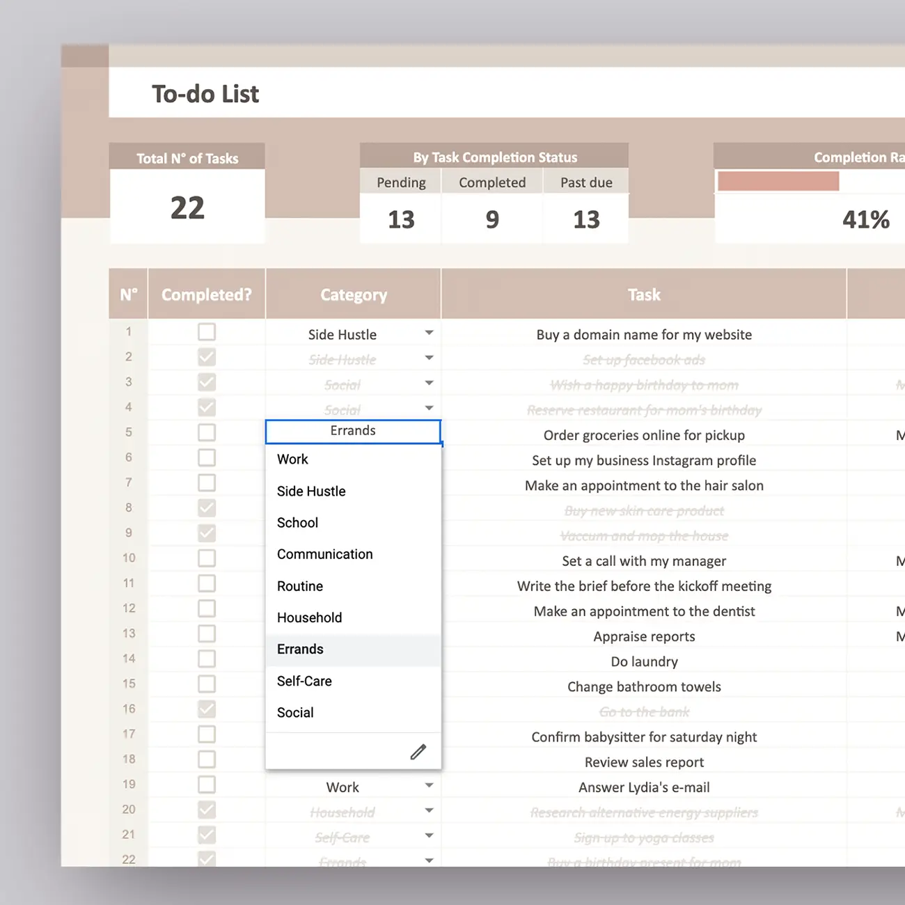 A screenshot of a to-do list template that allows you to define your own task categories. With this feature, you have the freedom to organize your tasks in a way that suits your unique needs and workflow.