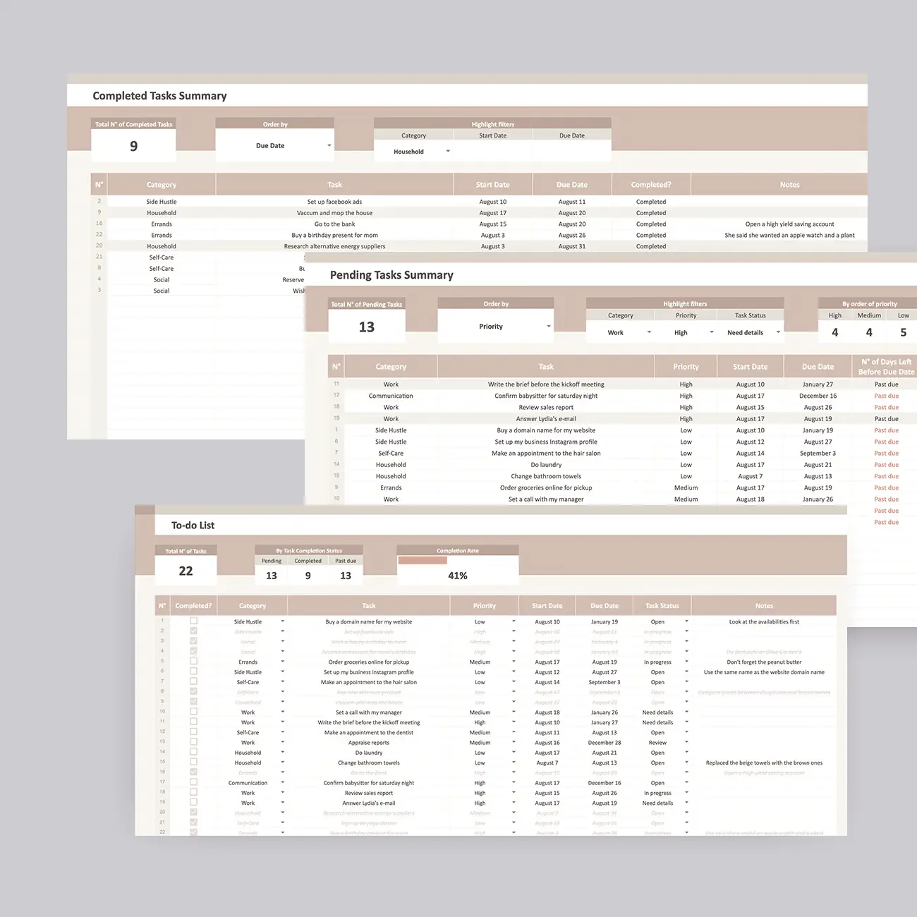 An image showcasing a to-do list template with multiple dashboards. The database dashboard, pending task dashboard, and completed tasks dashboard provide a comprehensive overview of your progress, making it easier to stay organized and track your tasks efficiently.