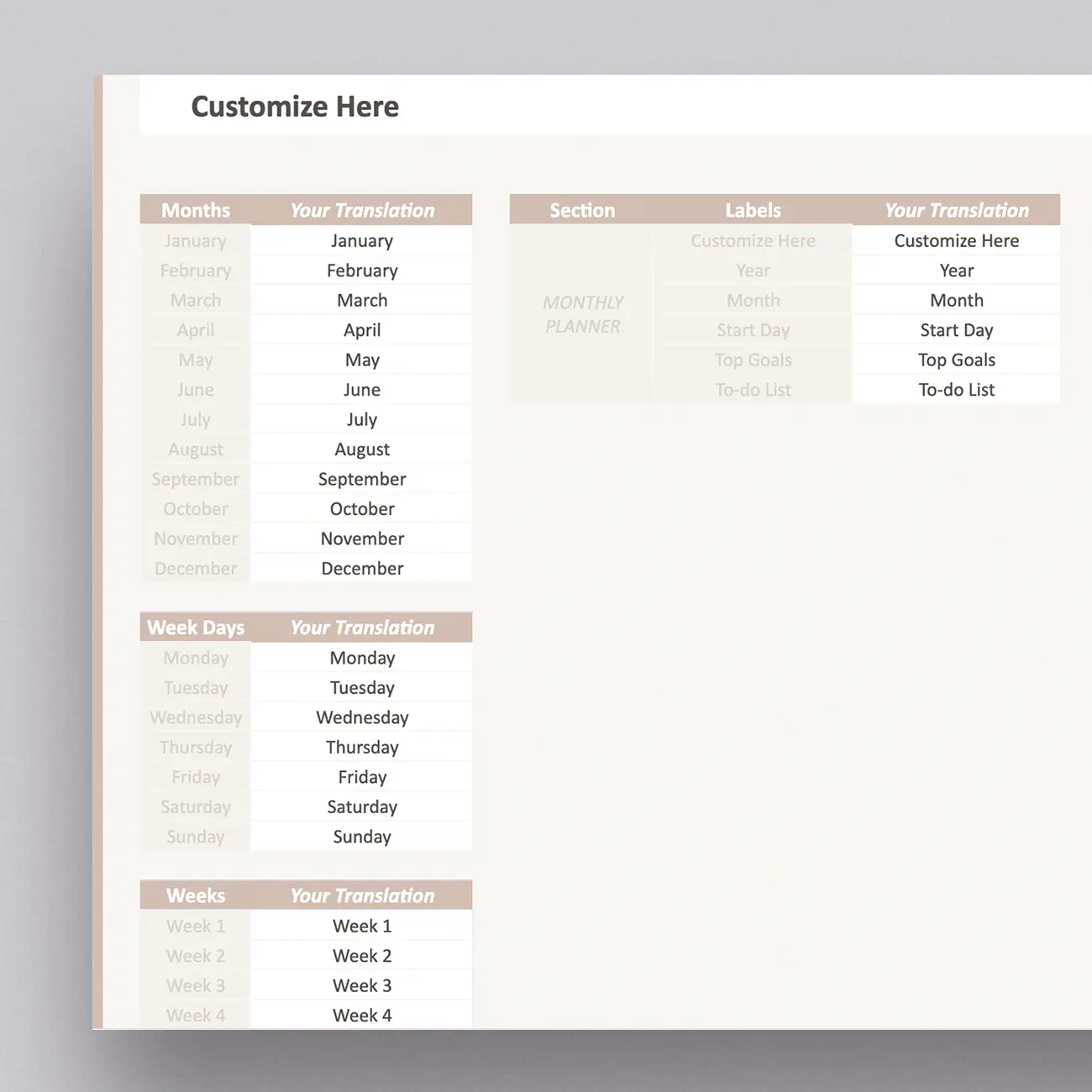 Up your scheduling game with our Google Sheets calendar template. It's designed for customization. Modify the calendar labels or go multilingual with ease.