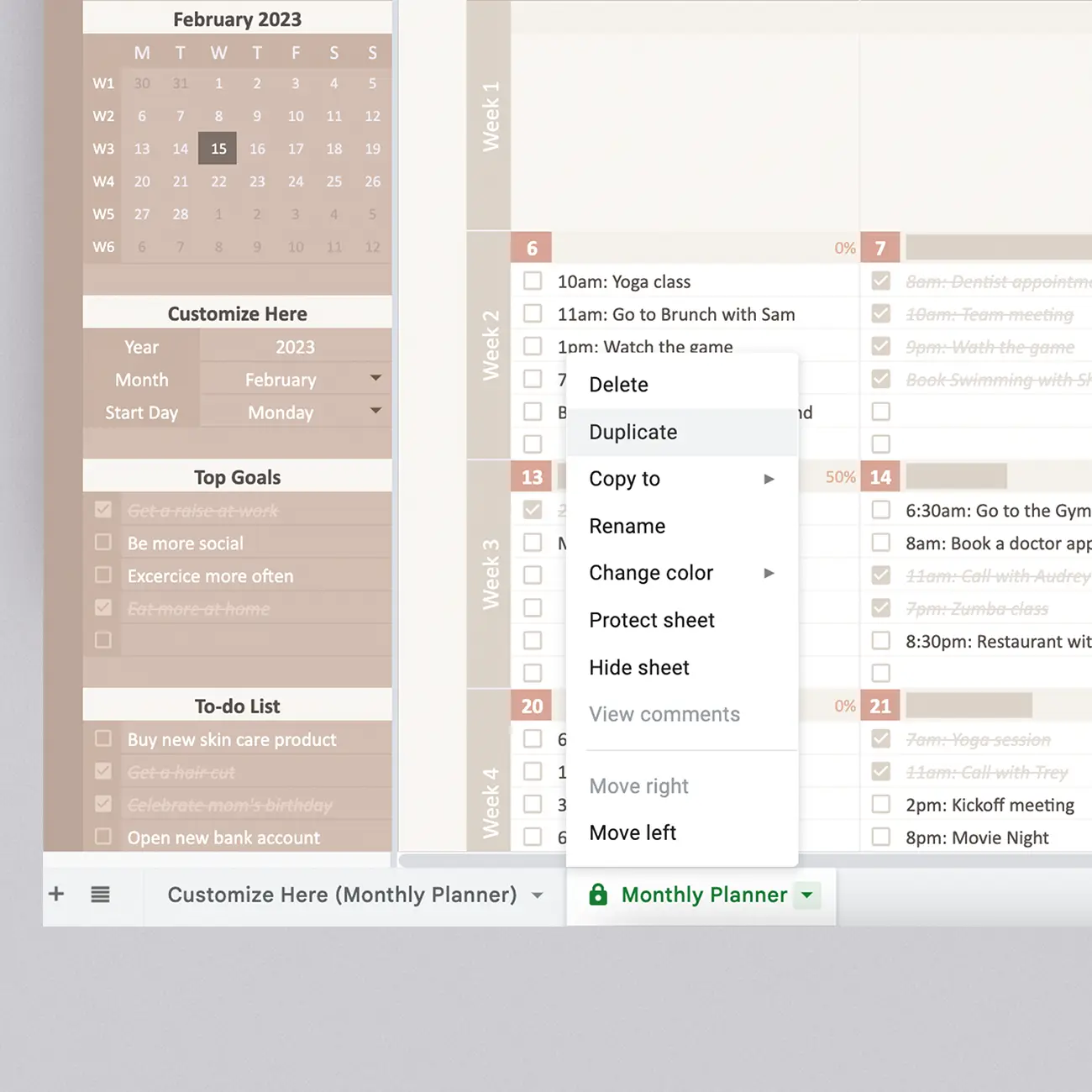 Our Google Sheets calendar template is your planning sidekick. Duplicate your monthly planner on a whim to create the perfect planner that suits you.