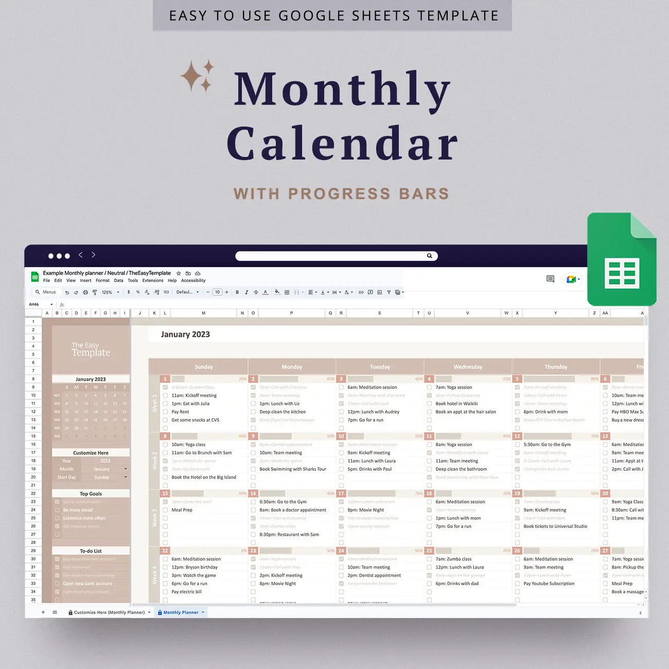 Meet the stylish side of organization with our Google Sheets calendar template! It's not just pretty, it's also functional. Keep yourself on track and motivated every day with the progress bar for your to-dos.