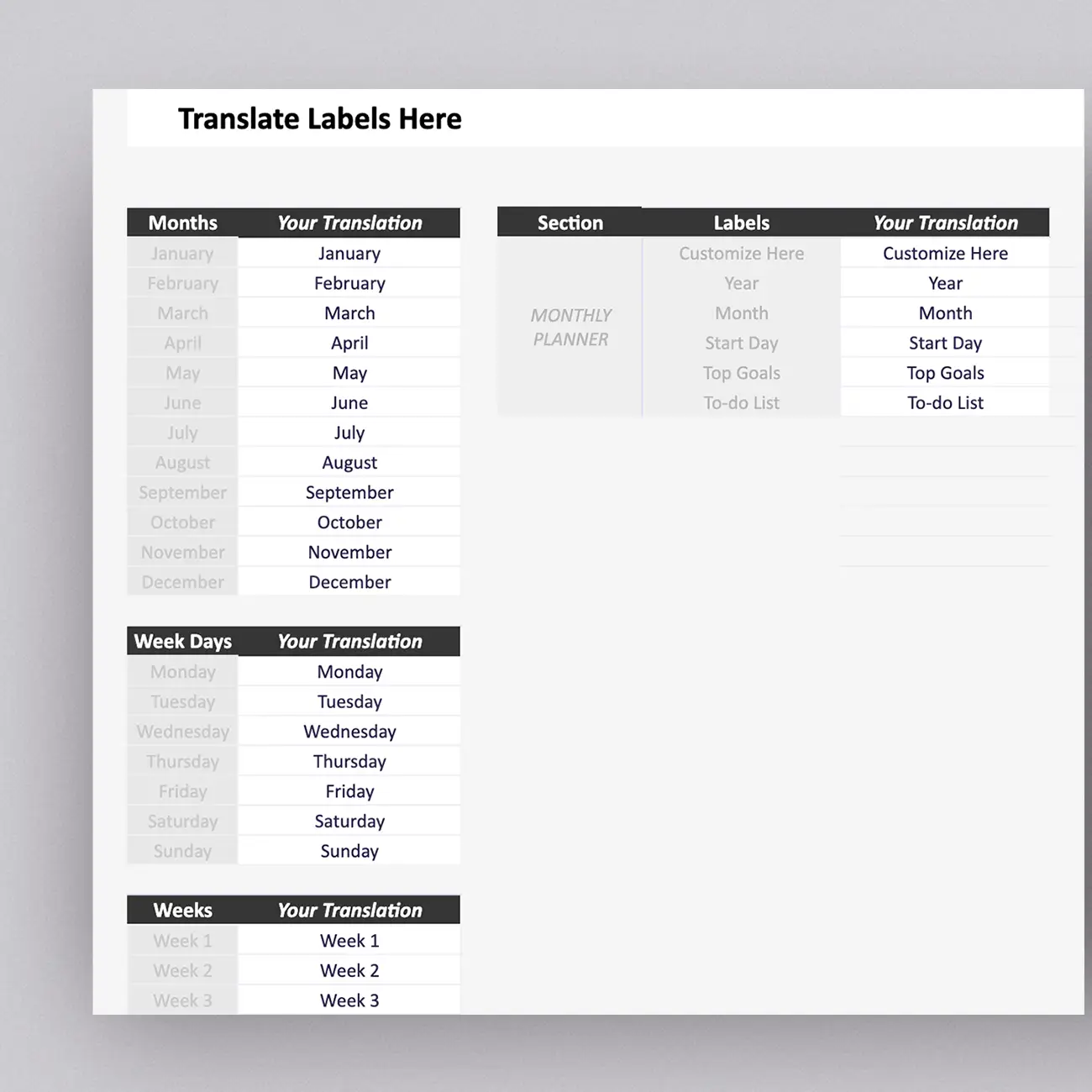 Our calendar template in Google Sheets is your handy tool for planning. Tweak the calendar labels or translate them to another language effortlessly.