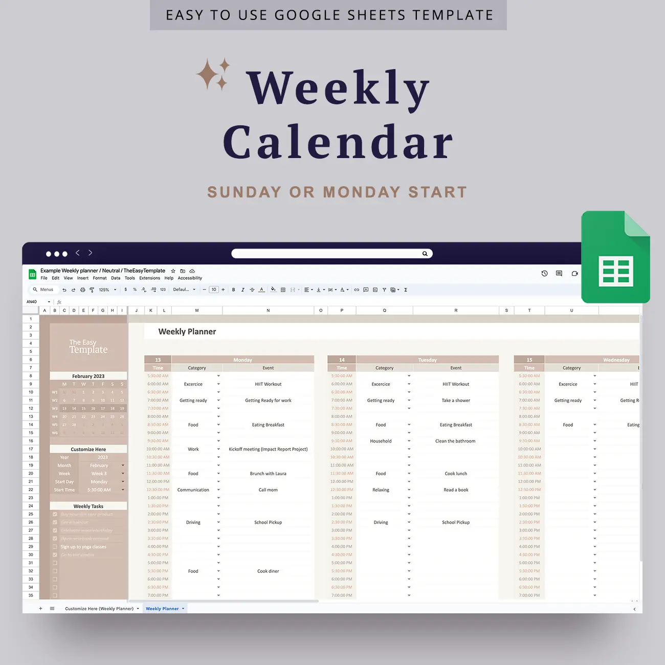 Weekly Calendar Template for Google Sheets TheEasyTemplate