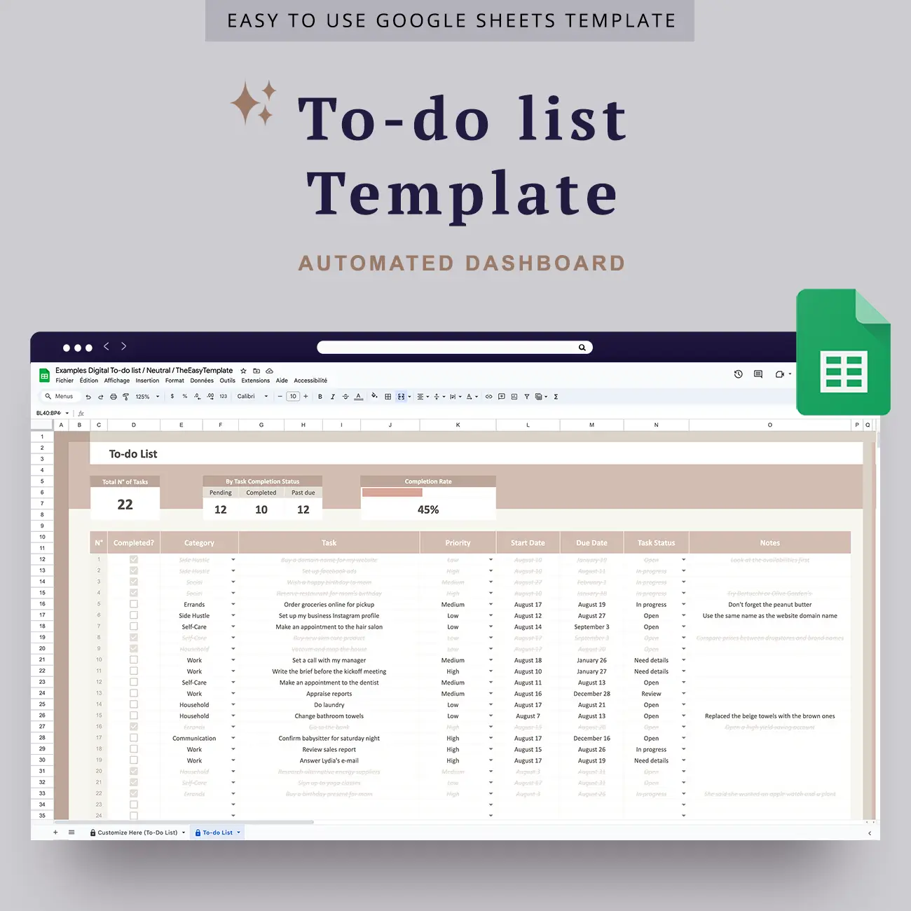 An image of a Google Sheets to-do list template with beige dashboard and checkboxes. The to do list template it includes sections for tasks, deadlines, priorities and more