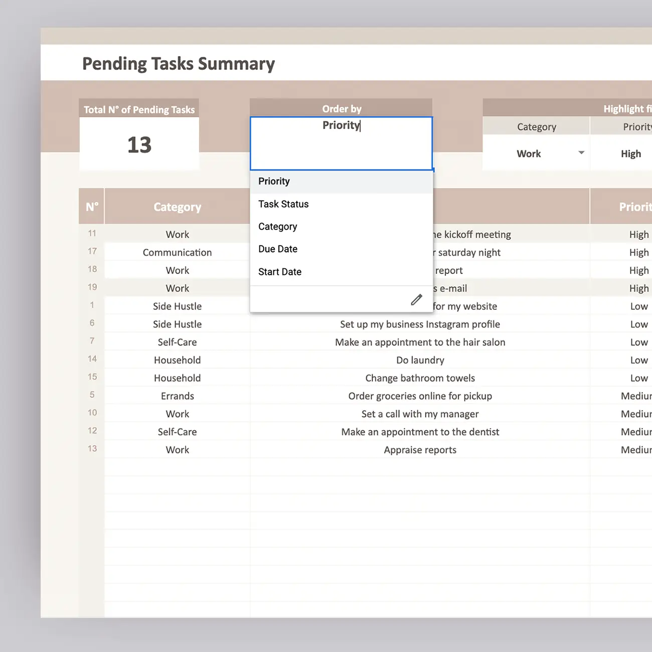 An image of a to-do list template meant to be used in Google Sheets, showcasing the ability to change the order of pending tasks. Tasks are organized by priority, task status, category, due date, and start date, allowing for personalized task management.