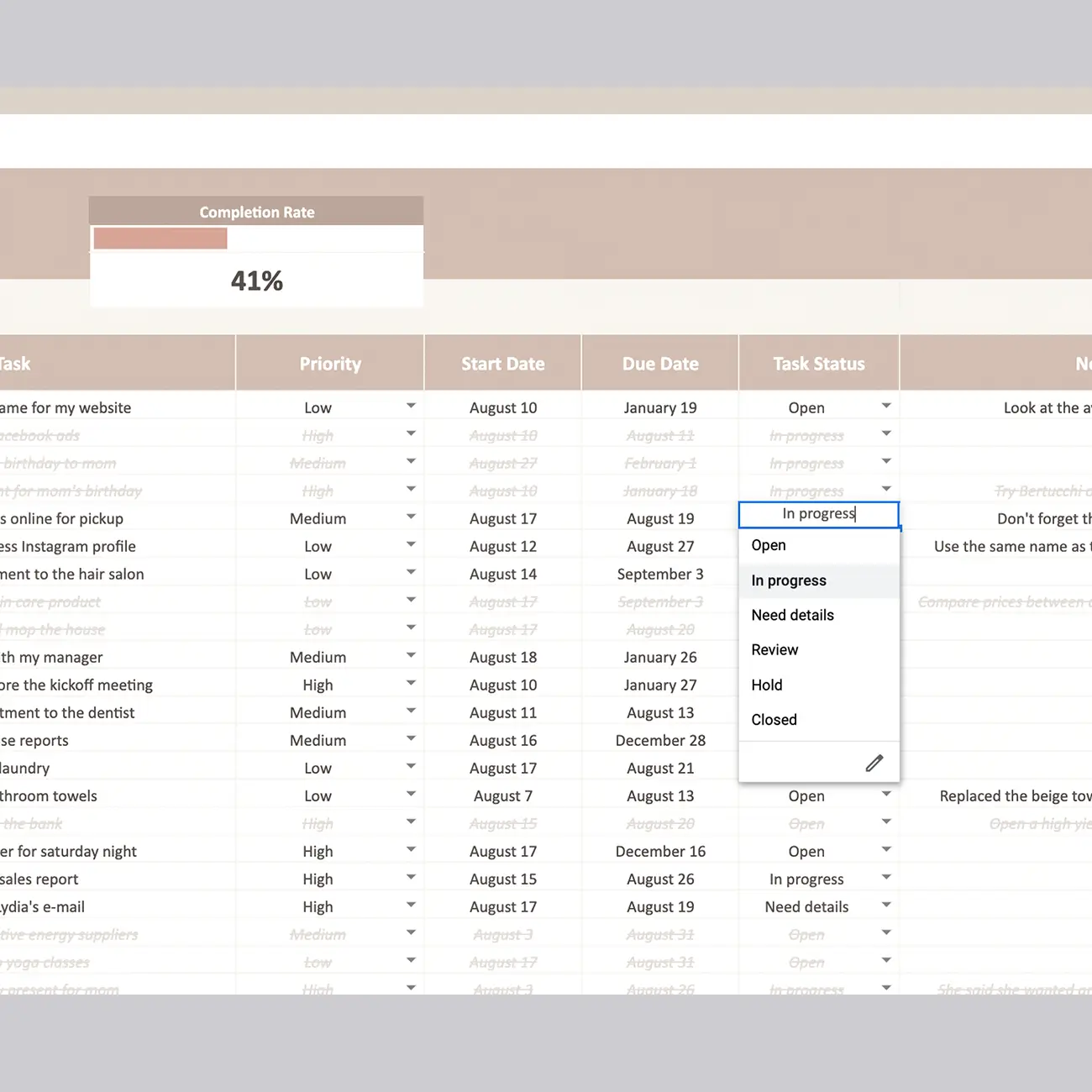 A screenshot of a to-do list template in which you can easily customize the task status dropdown menu. You have the flexibility to define your own task statuses, ensuring that the template aligns perfectly with your unique workflow.