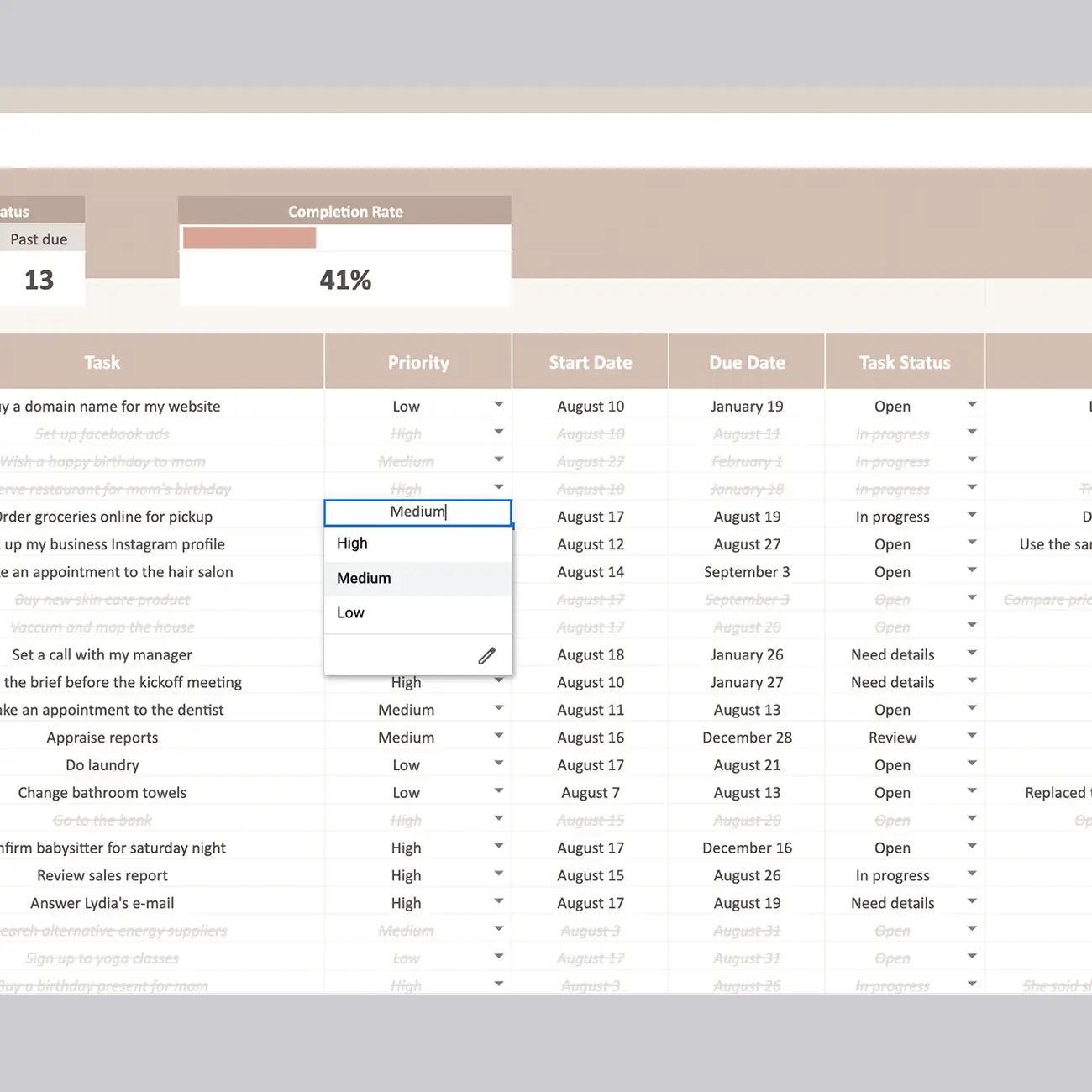 A screenshot of a to-do list template with a customizable priority dropdown menu. You can easily define the priority of each task as High, Medium, or Low, enabling you to focus on what matters most.