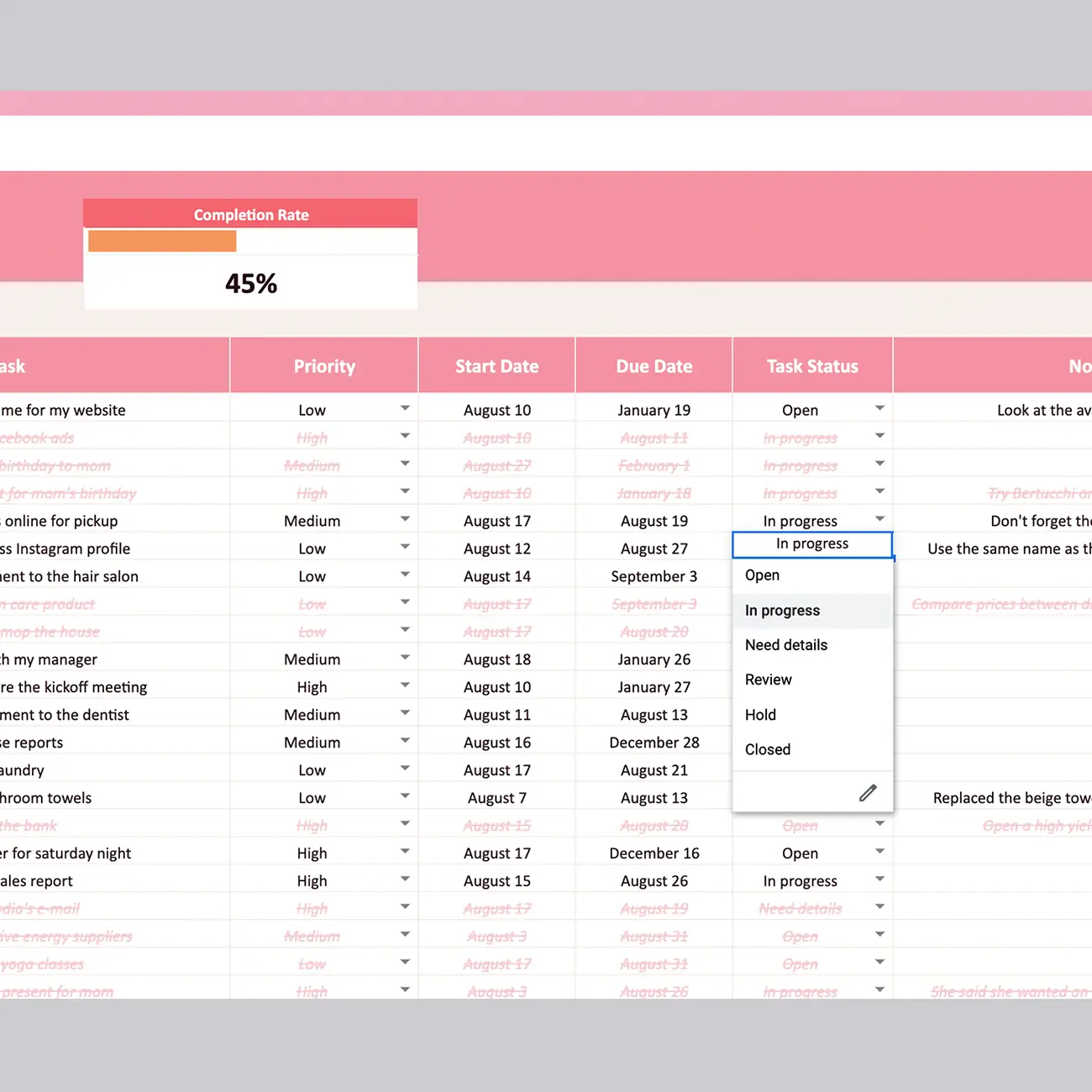 A visual representation of a to-do list template that empowers you to adapt and create your own task statuses. This flexibility ensures that you can efficiently track task progress and tailor the template to your requirements.