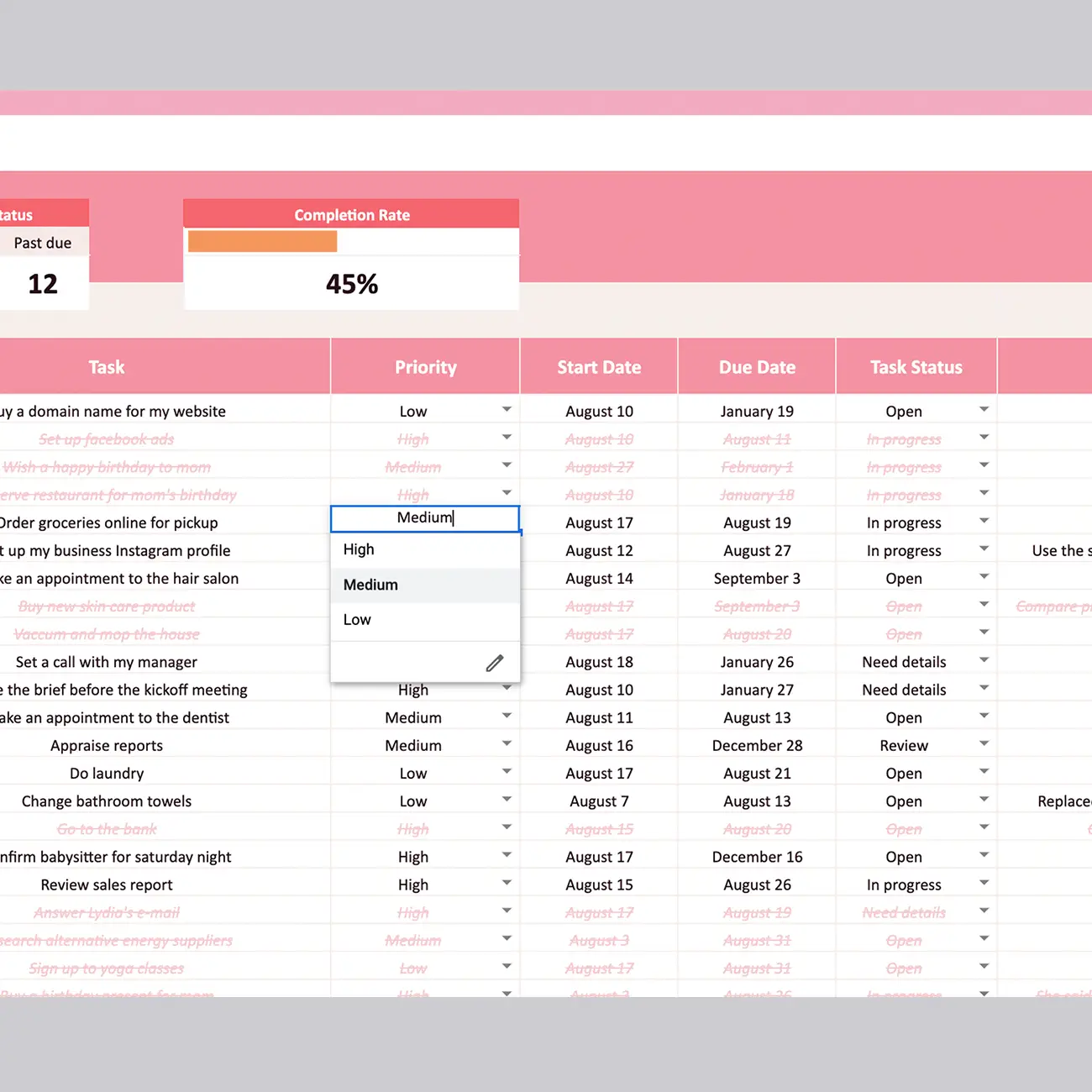 A visual representation of a to-do list template where you can personalize task priorities with a dropdown menu. This customization allows you to organize your tasks according to their significance, ensuring a more productive workflow.