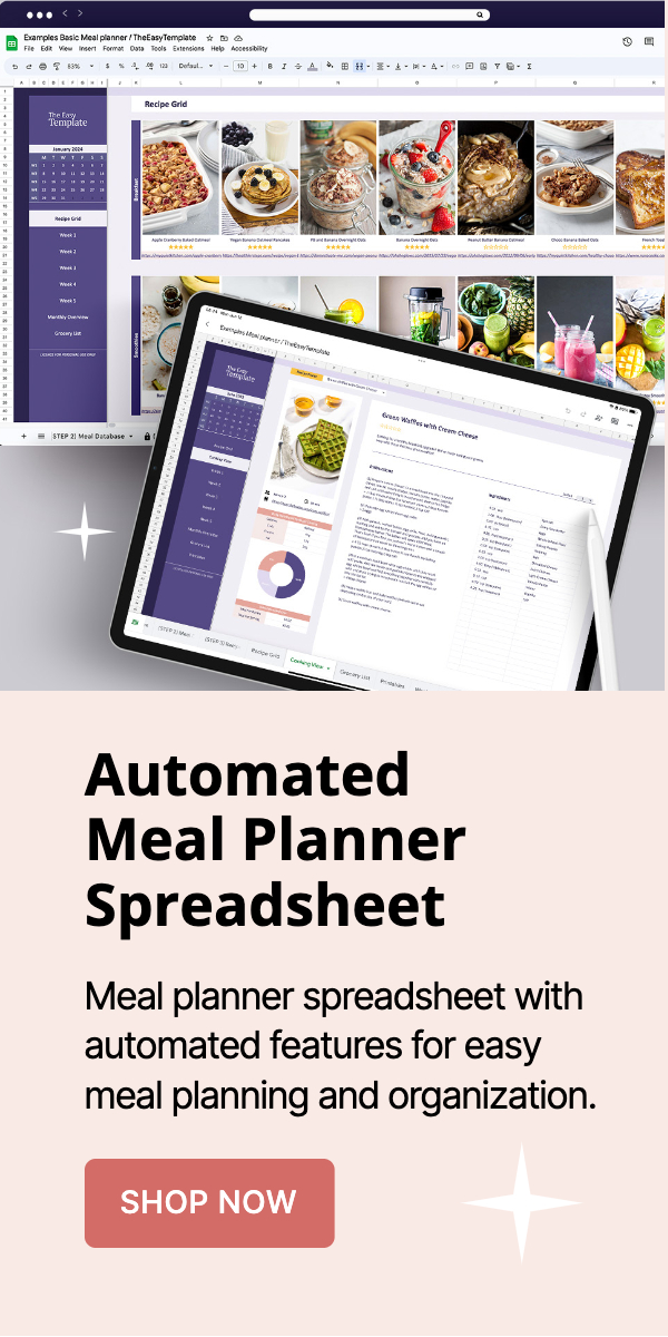 Meal planner spreadsheet with automated features for easy meal planning and recipe organization.