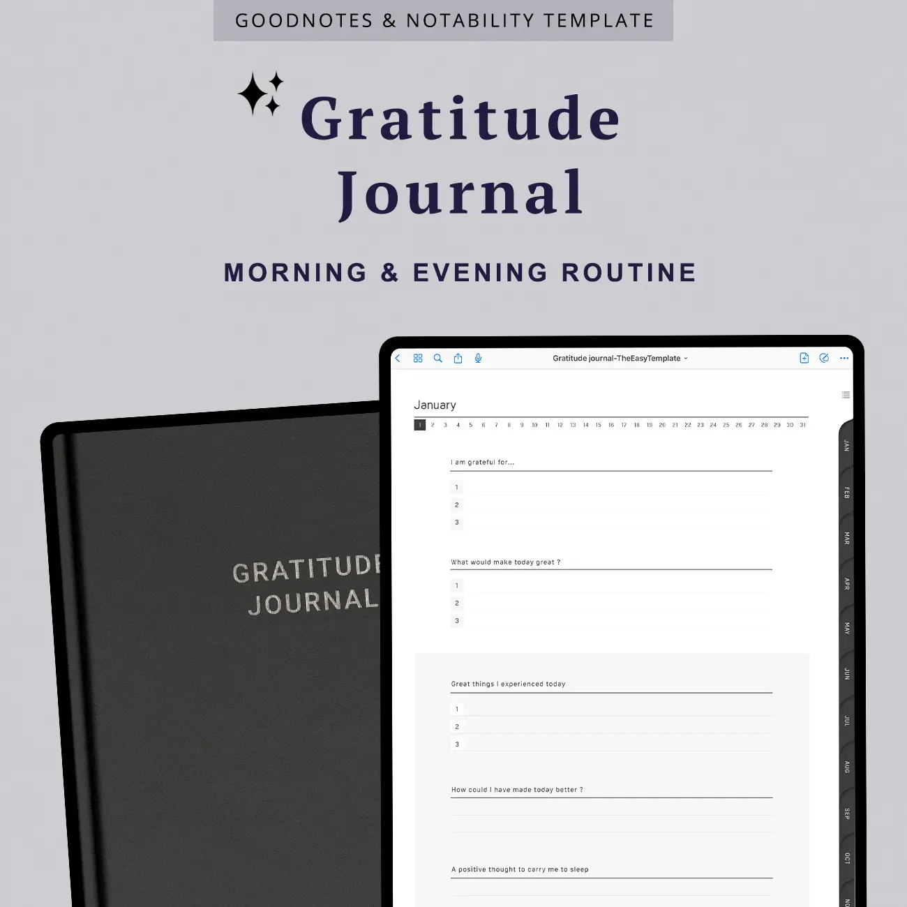 Elevate your gratitude practice with a captivating GoodNotes gratitude journal. With its lifelike cover and intuitive features, it's the ideal choice for your morning and evening routines.