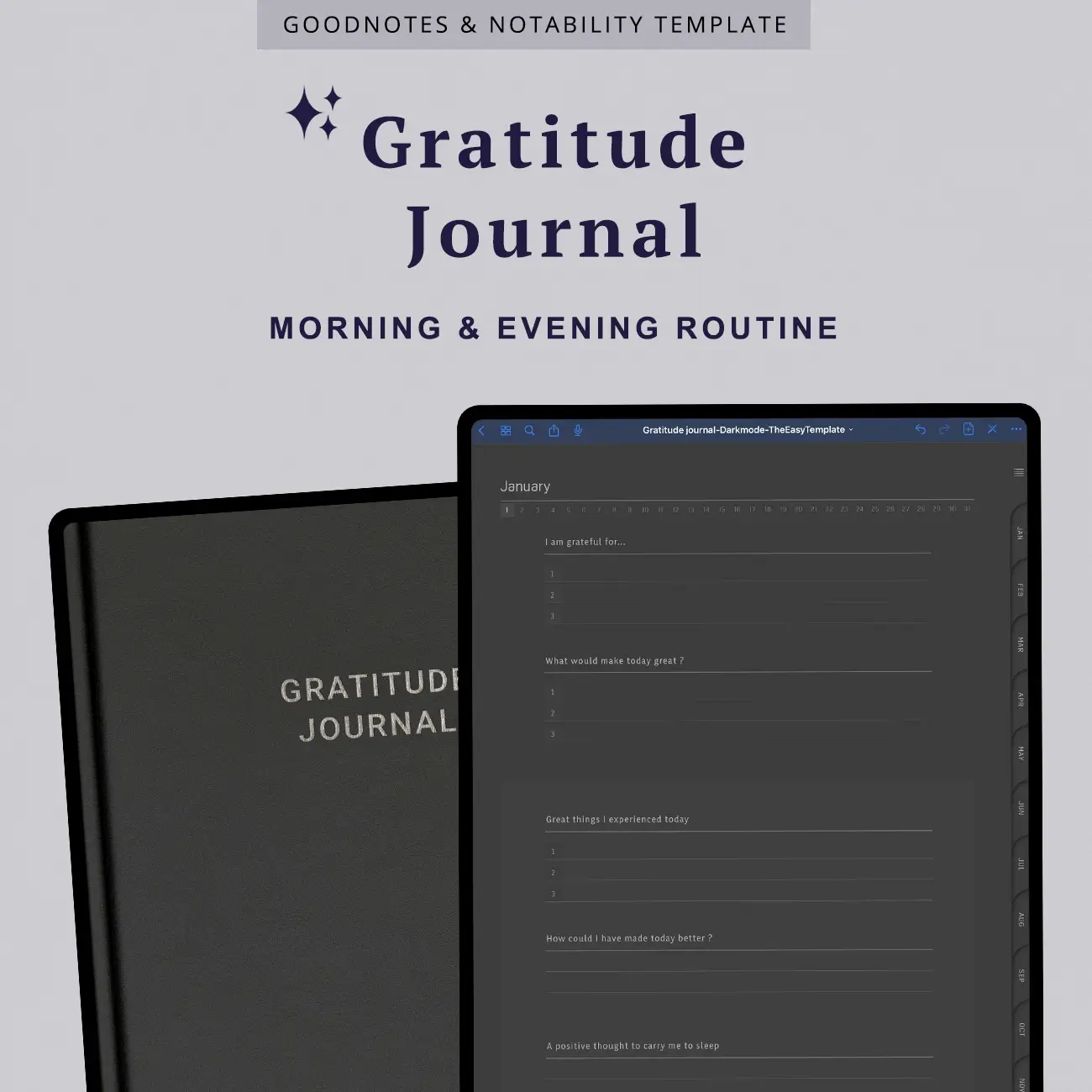 Step into the world of digital gratitude journaling with GoodNotes. This image showcases a graceful journal cover and the convenience of practicing gratitude in your morning and evening routines.