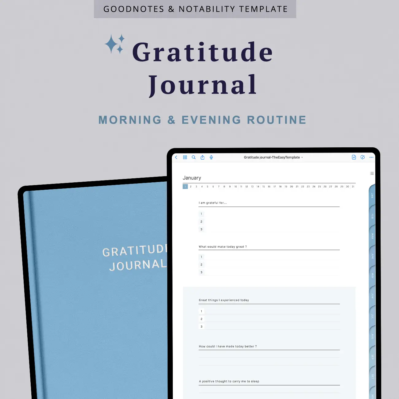Immerse yourself in the world of gratitude journaling with GoodNotes. This image highlights a beautiful digital journal cover, offering a seamless way to incorporate gratitude into your daily life.