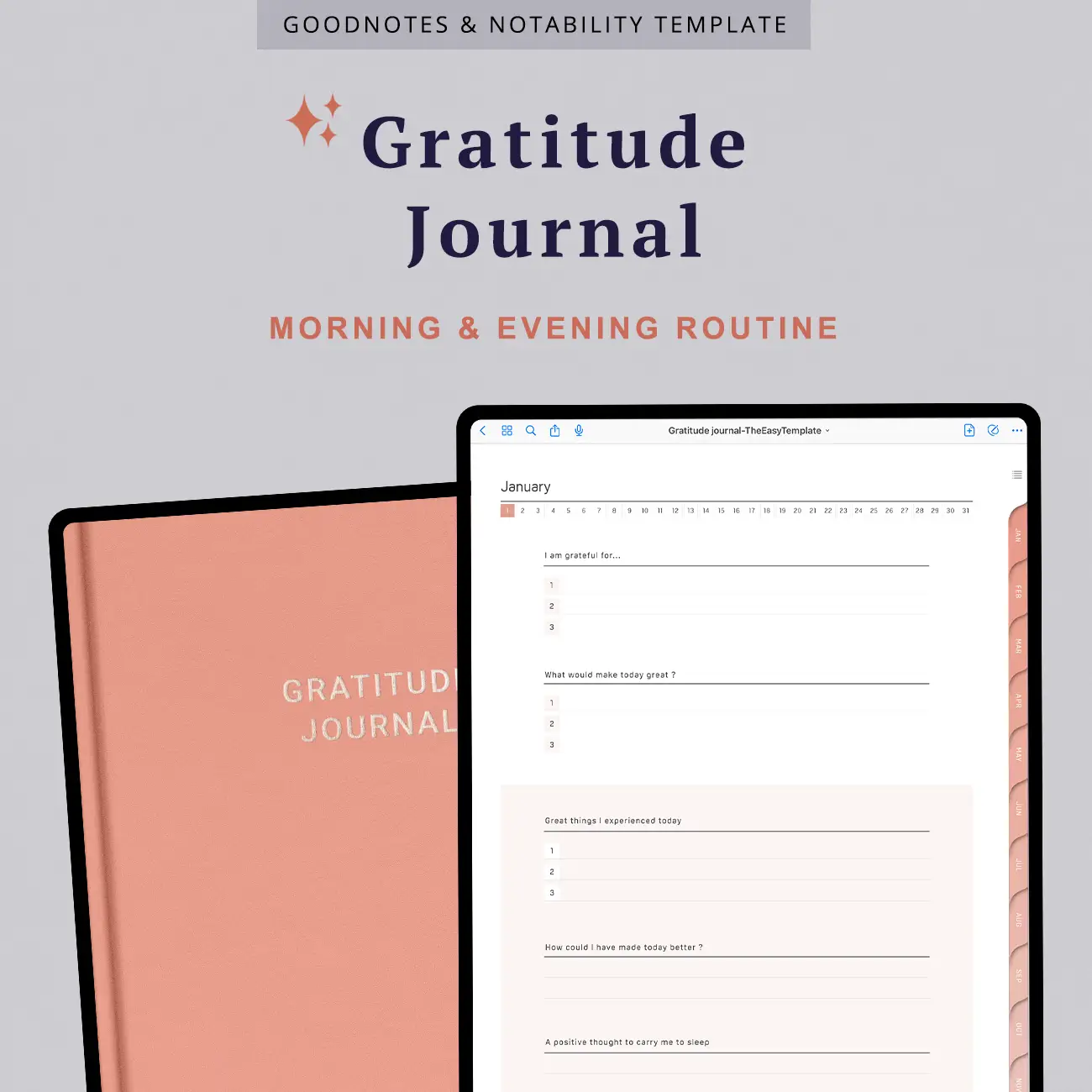 Enhance your gratitude journey with an exquisite GoodNotes gratitude journal. Its realistic cover and user-friendly design make it a delightful choice for both morning and evening reflections.