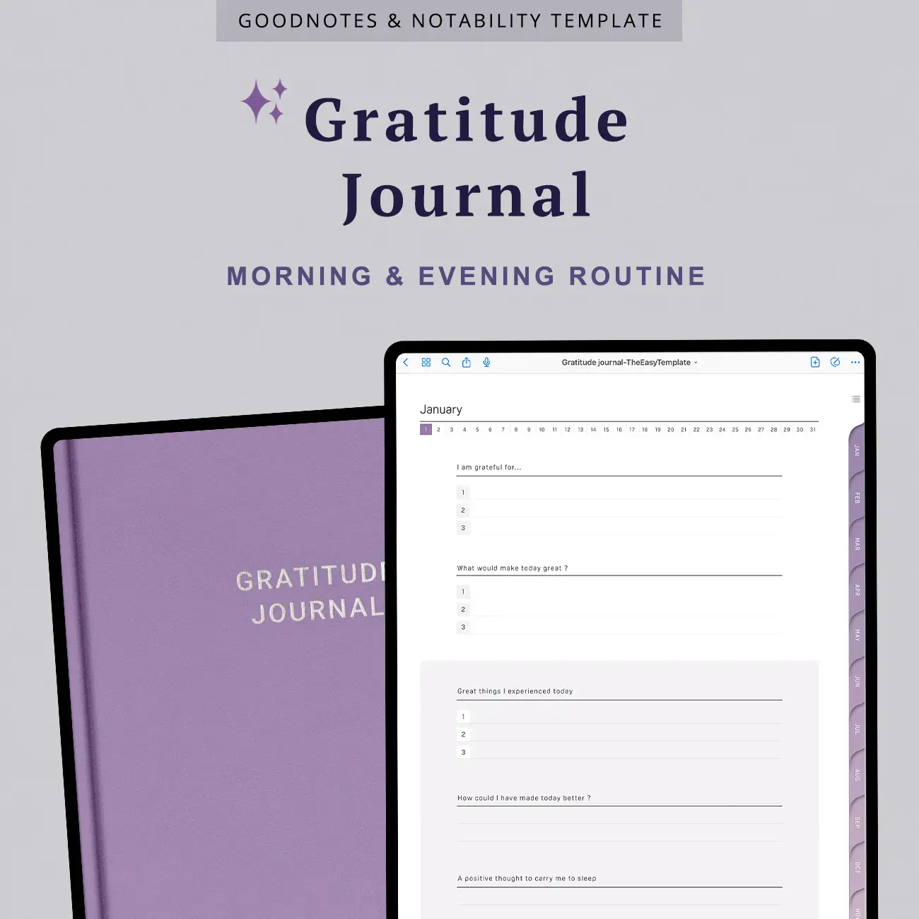 Discover the beauty of digital gratitude journaling in GoodNotes. This image features a cute purple gratitude journal cover, inviting you to start your morning and evening routines with heartfelt reflections and positivity.