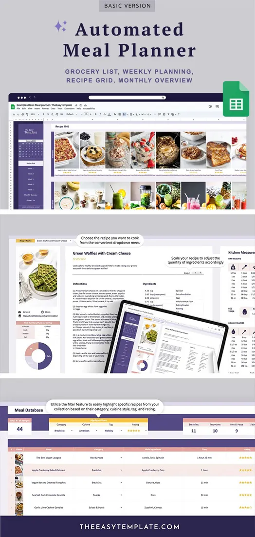 A visual representation of our Meal Planner Template, designed to make meal planning a breeze. This meal planner template offers automated meal organization, grocery list generation, and nutrition goal tracking. Embrace the simplicity of meal planning and enjoy stress-free dining.