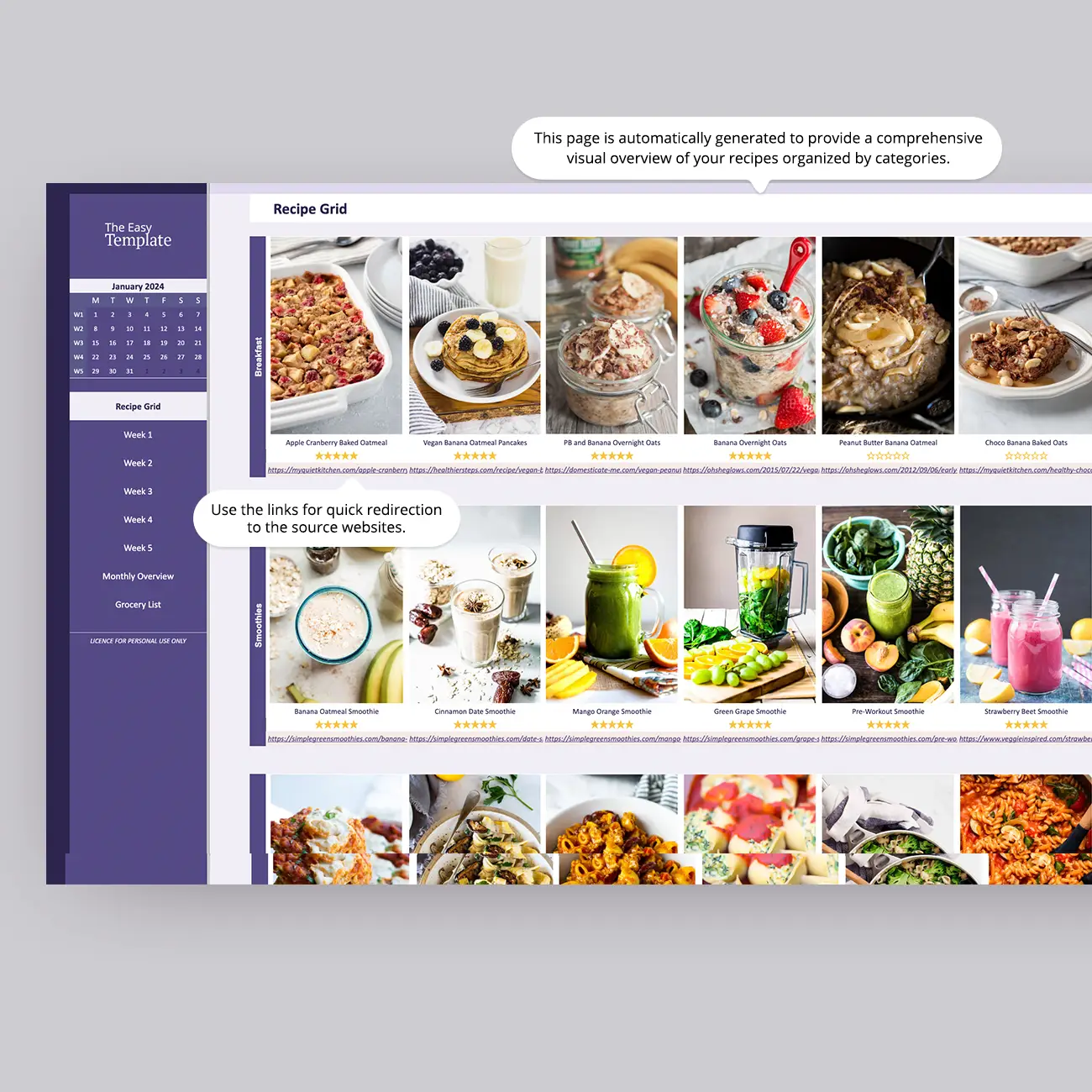 Get ready to revolutionize your meal prep game with our Google Sheets meal prep ideas template! This meal planner isn't just handy; it's your mealtime magician. Plan out your entire month of scrumptious dishes effortlessly, while a handy grocery list pops up automatically. Plus, you can browse all your favorite recipes in one convenient place with a grid view and image gallery to choose from. Just remember to add your own recipes into the meal planner for a truly customized culinary experience!