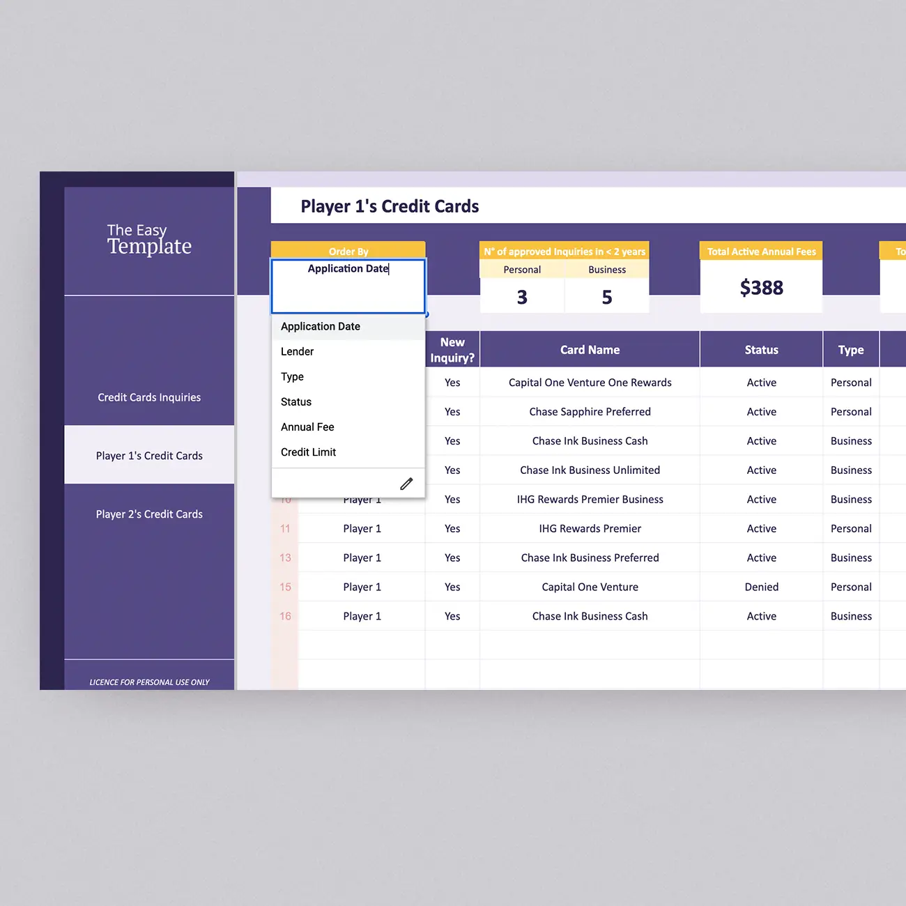 Embark on a journey of 10x travel rewards with our Google Sheets credit card churning template! It's your compass to success. Manage credit card applications, credit limits, and annual fees effortlessly. Personalize it for 2 to 4 players and customize each player's dashboard view by sorting credit cards by application date, lender name, type, status, annual fees, or credit limits, making informed decisions a breeze.
