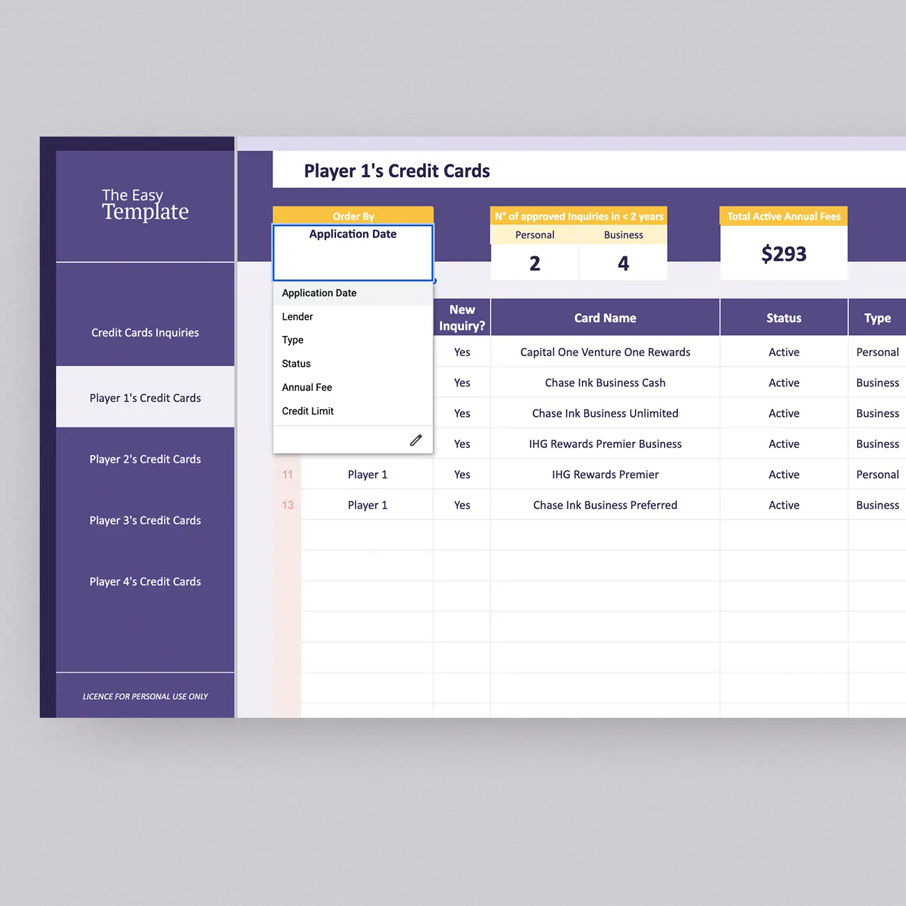 Get ready for travel hacking like a pro with our Google Sheets credit card churning template! Unlock 10x travel rewards while keeping track of credit card applications, credit limits, and annual fees. Tailor it for 2 to 4 players and enjoy the flexibility to customize each player's dashboard view. Sort credit cards by application date, lender name, type, status, annual fees, or credit limits, ensuring you have the information you need for smart decisions.