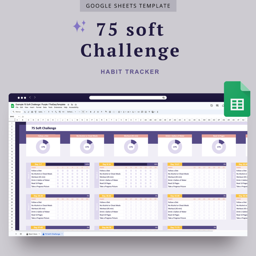 75 Soft Challenge Tracker - Spreadsheet Template for Tracking Sheet 75 Soft Challenge Printable Free